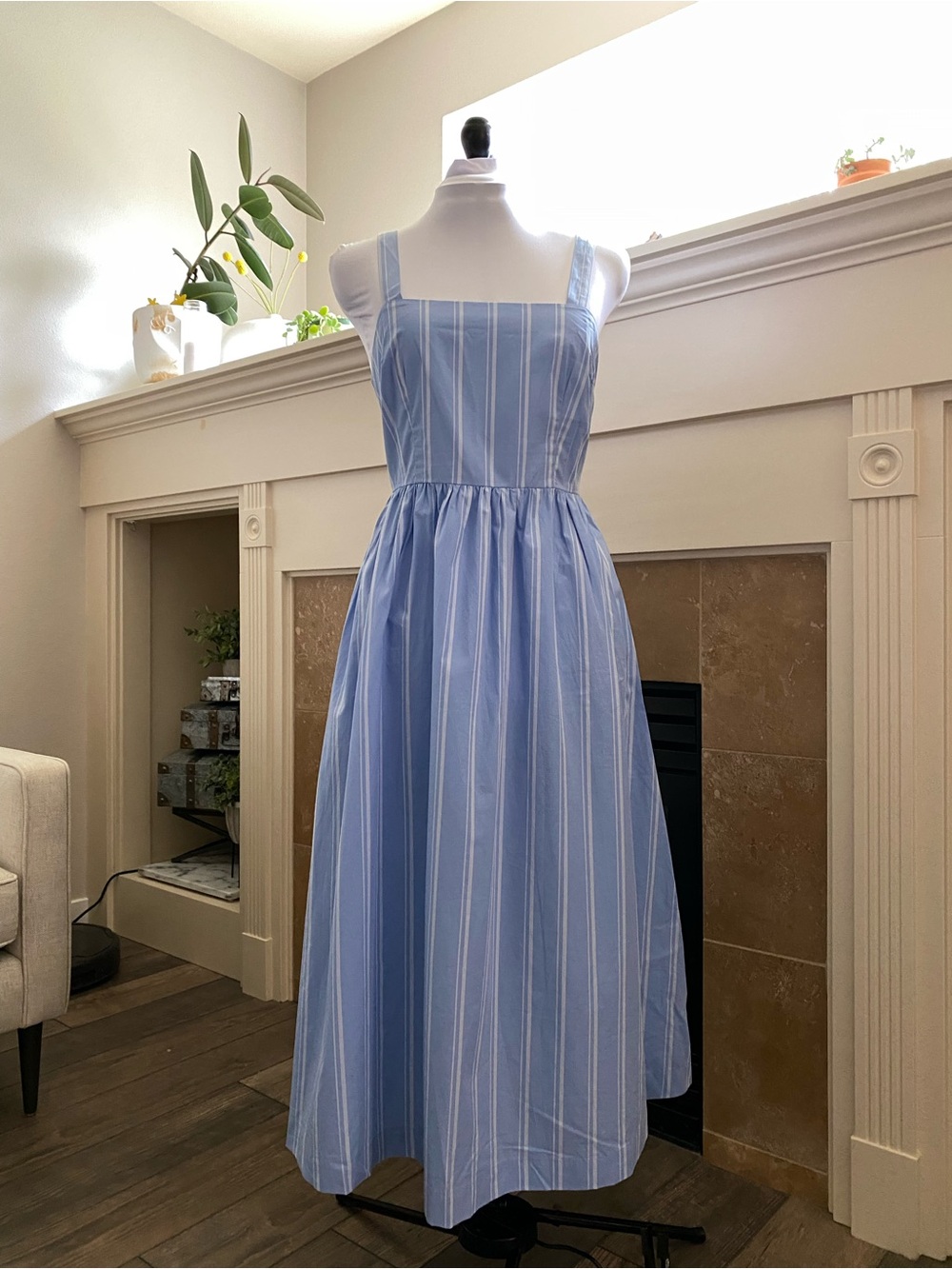 NWT A new day Blue and White Striped Square-Neck midi Sundress